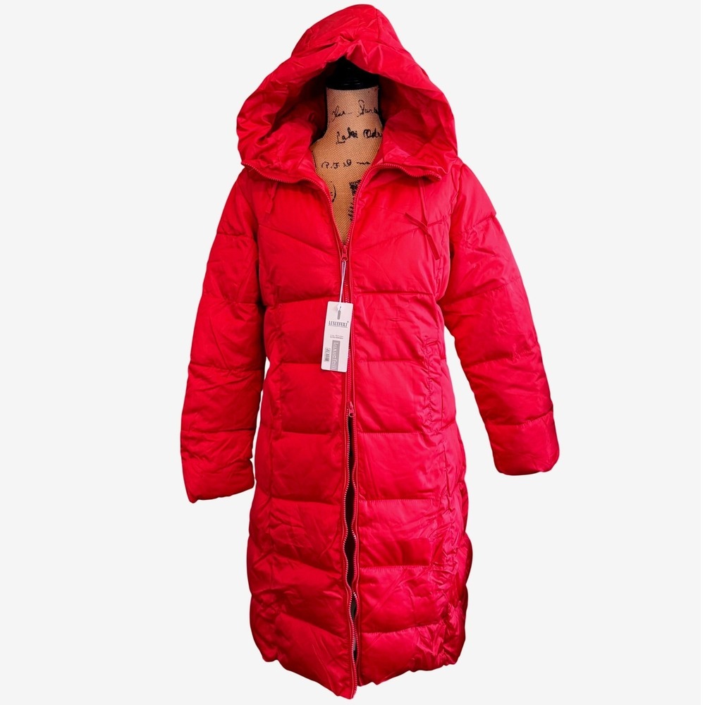 NWT Luxuefeili LXFL Womens Winter Hooded Long Puffer Coat Red Size 4XL